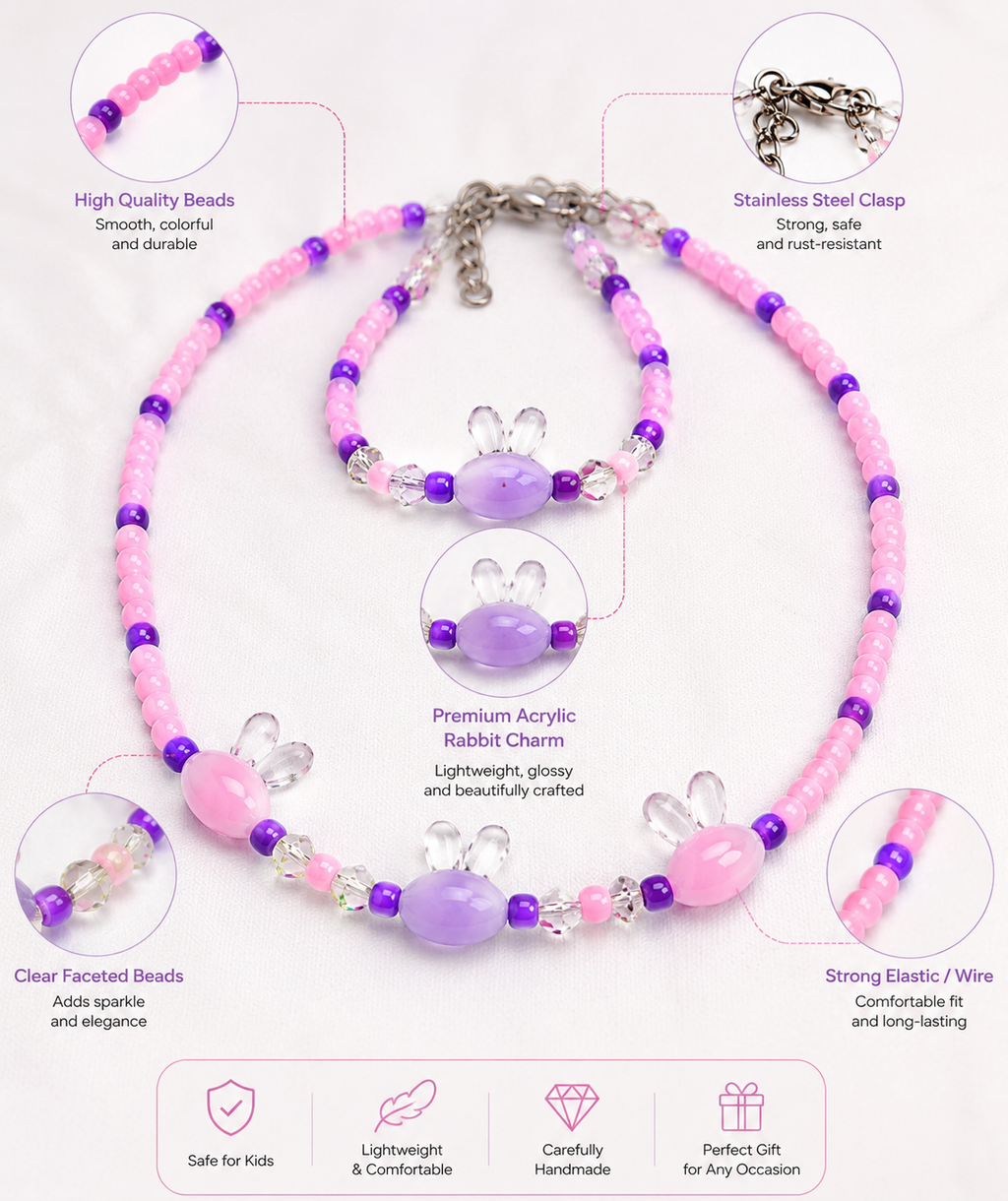 Rabbit Set Handmade Necklace & Bracelet for Kids-Candy Pink