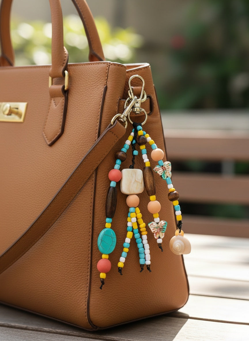 Bohemian keychain made of wooden beads and natural shells, brown and red hanging bag, 18 cm