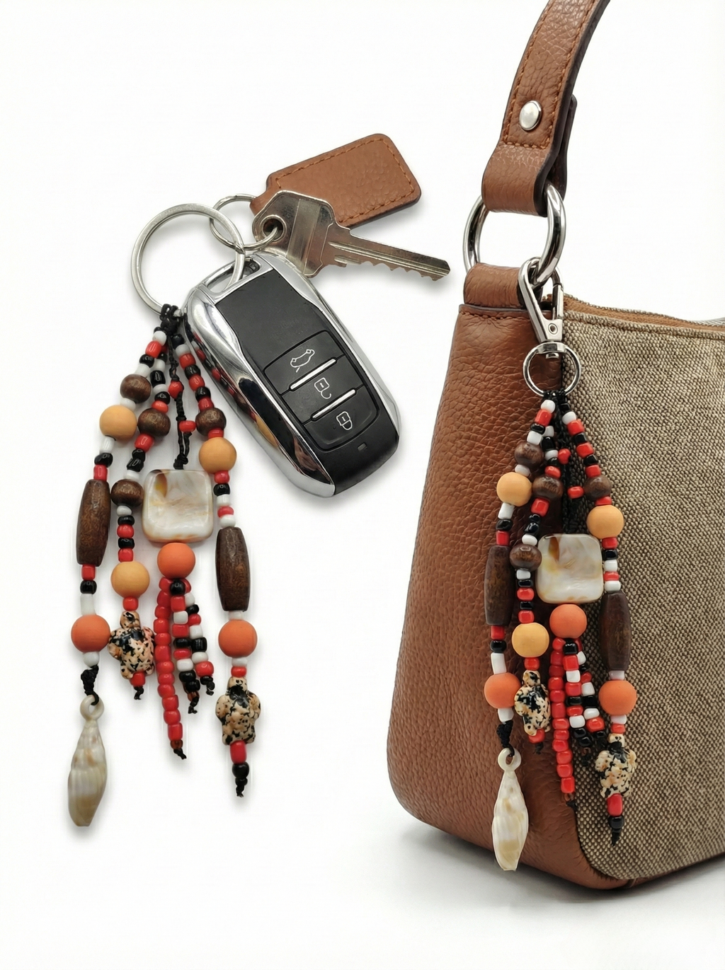 Bohemian keychain made of wooden beads and natural shells, brown and red hanging bag, 18 cm