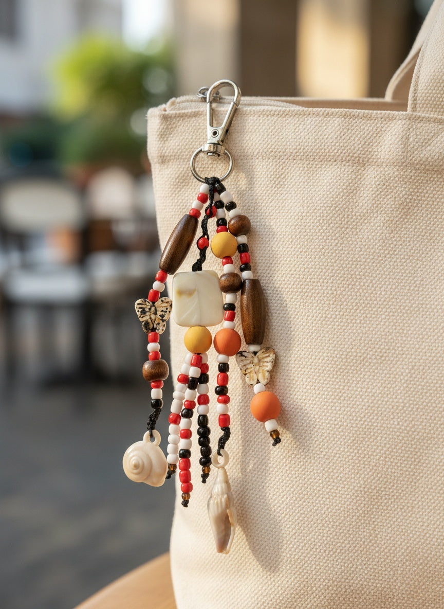 Bohemian Keychain - Wooden Beads & Natural Shells, Brown & Red, 18 cm