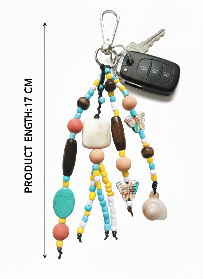 Bohemian keychain made of wooden beads and natural shells, brown and red hanging bag, 18 cm