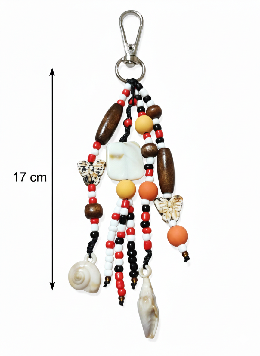 Bohemian Keychain - Wooden Beads & Natural Shells, Brown & Red, 18 cm