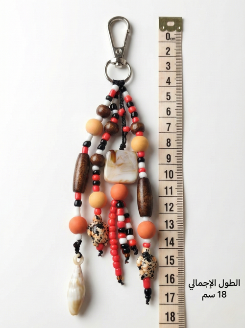 Bohemian keychain made of wooden beads and natural shells, brown and red hanging bag, 18 cm