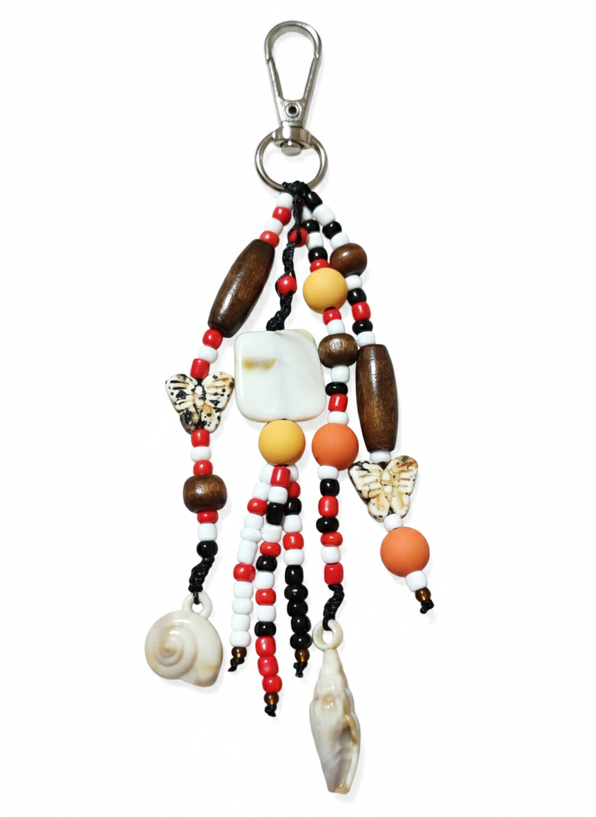 Bohemian Keychain - Wooden Beads & Natural Shells, Brown & Red, 18 cm